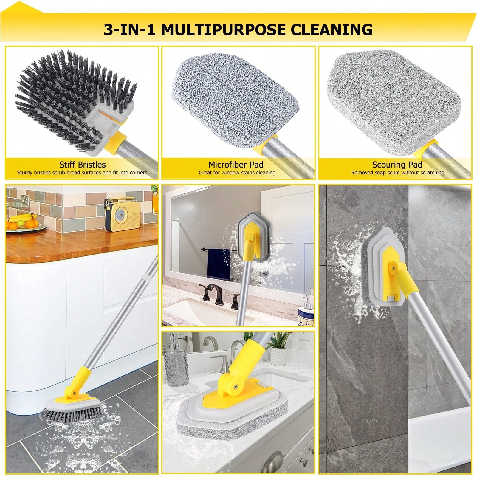 3 In 1 Shower Cleaning Brush With Locking Head, Tub Tile Scrubber Brush With 50 Inch Long Handle Stiff Bristles Scouring Pads Microfiber For Cleaning Bathtub Shower Wall Bathroom