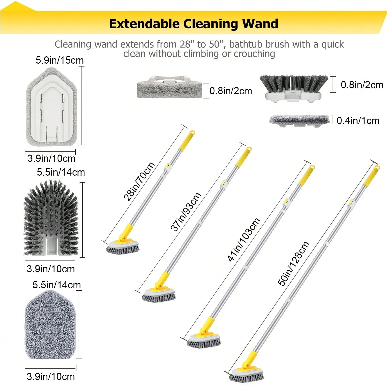 3 In 1 Shower Cleaning Brush With Locking Head, Tub Tile Scrubber Brush With 50 Inch Long Handle Stiff Bristles Scouring Pads Microfiber For Cleaning Bathtub Shower Wall Bathroom