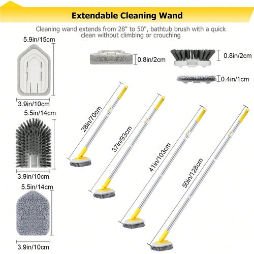 3 In 1 Shower Cleaning Brush With Locking Head, Tub Tile Scrubber Brush With 50 Inch Long Handle Stiff Bristles Scouring Pads Microfiber For Cleaning Bathtub Shower Wall Bathroom